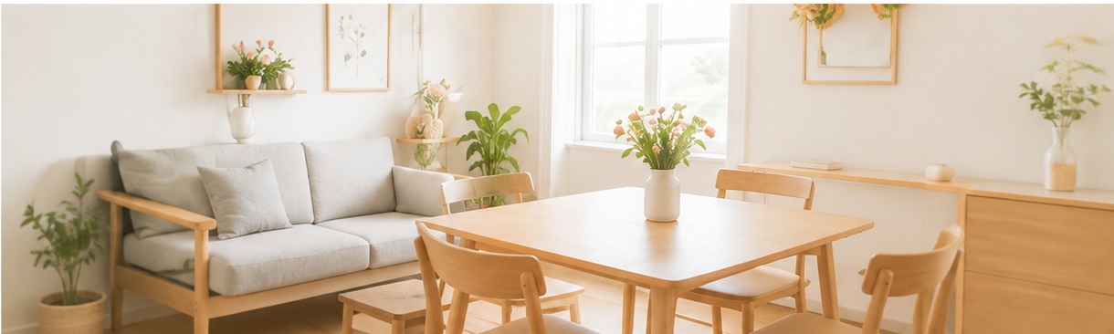 木の家具と植物がある明るい助産院の室内イメージ