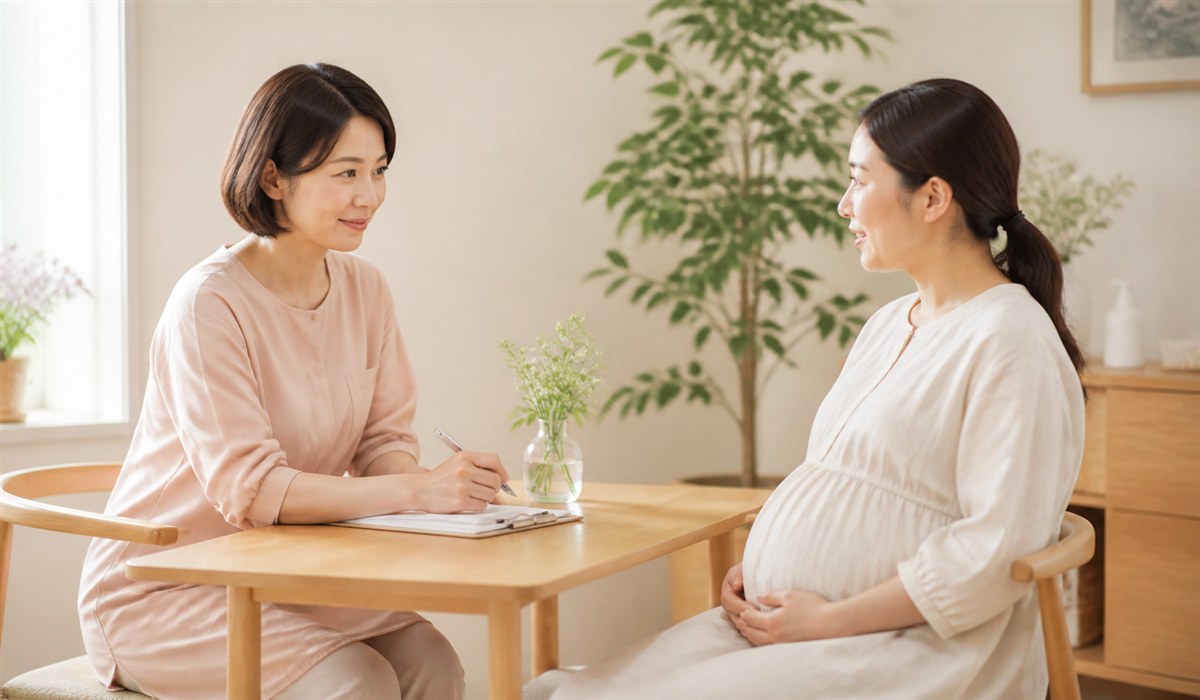 助産師に個別相談をする妊婦のイメージ