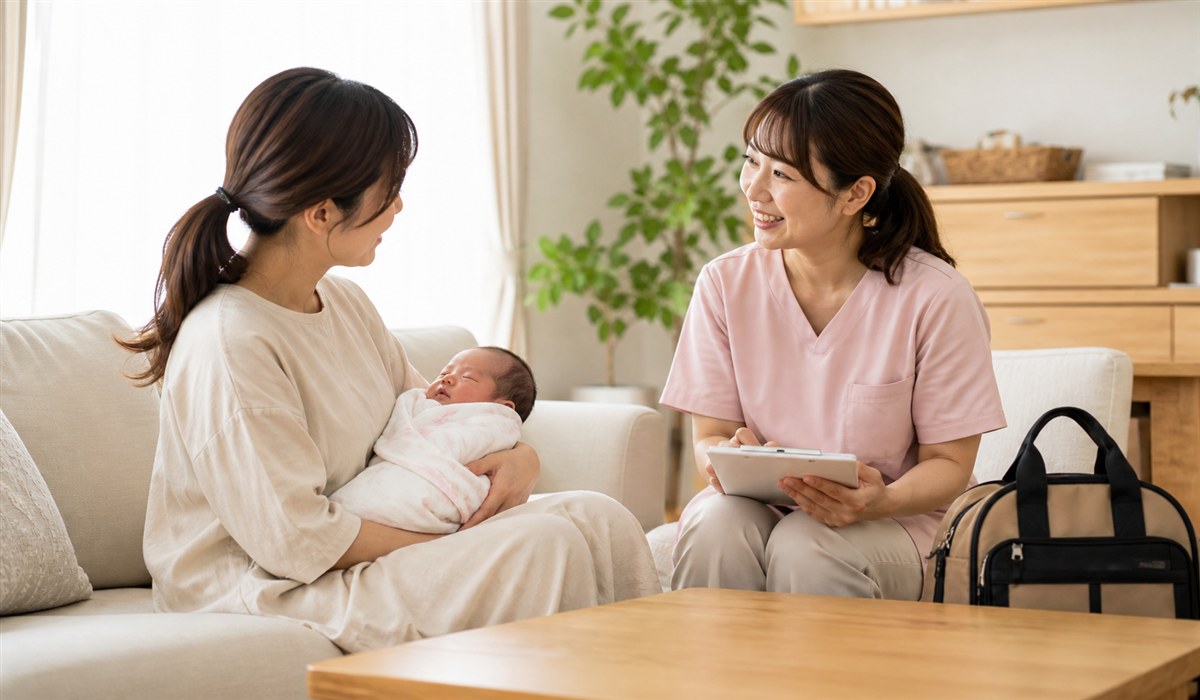 自宅で助産師の訪問ケアを受ける母親と赤ちゃんのイメージ